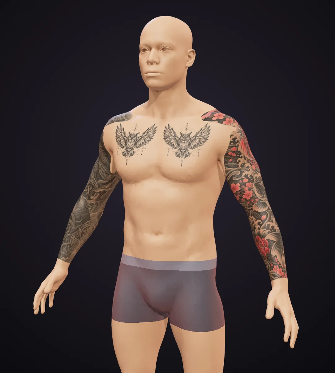 A 3D figure with a Japanese koi sleeve, a Norse sleeve and two owls on the chest