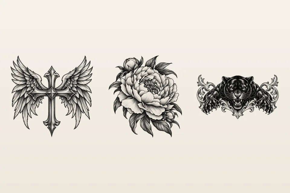 Three finished designs from the click2ink library, ready to take to a tattoo artist: a winged cross, a peony and a panther in illustrative etching style