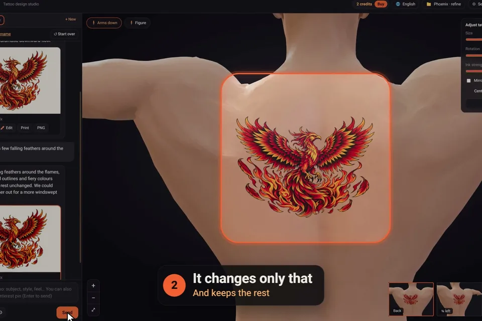 A design changed by the AI tattoo generator, with only the requested part altered