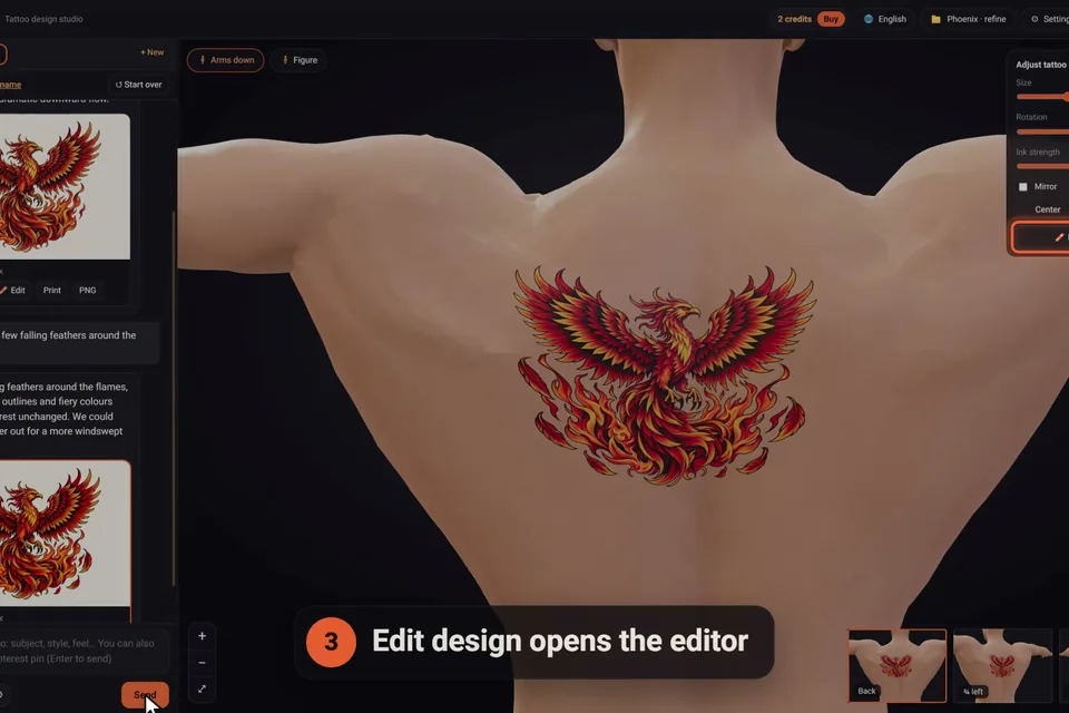 Pressing Edit design in the click2ink adjust panel to open the design editor, with the phoenix on the figure's back