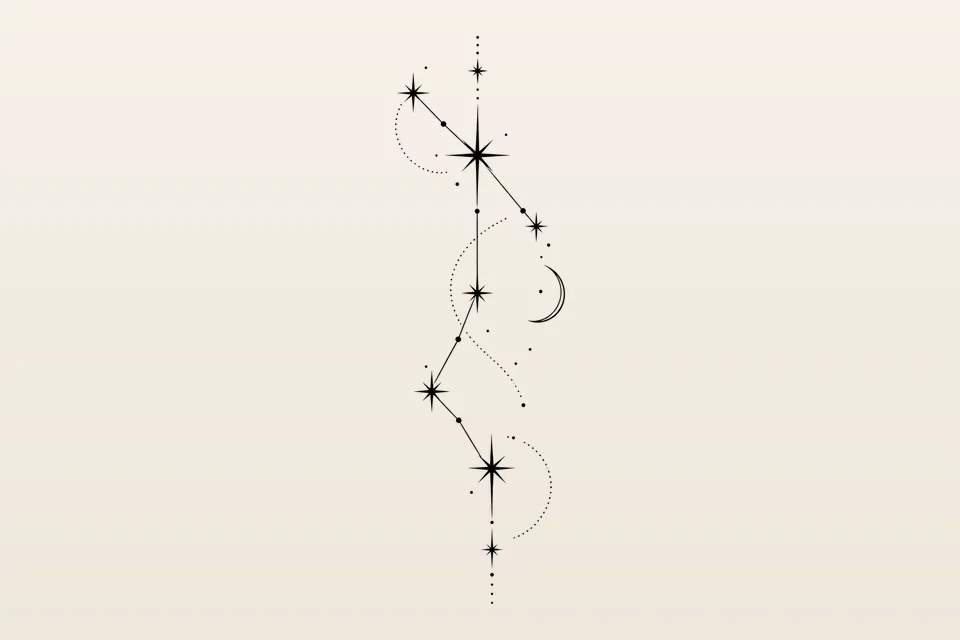A fine line constellation of stars joined by thin lines, a design that splits easily into two couple tattoos