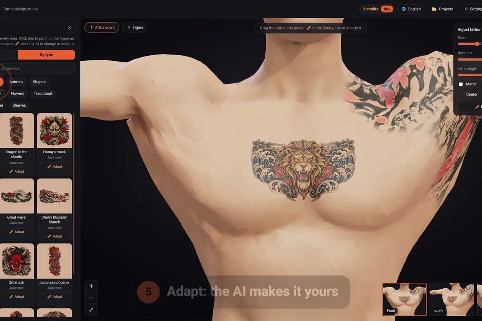 Adapting a library design in click2ink: a lion with waves on the 3D figure's chest, beside a list of Japanese designs with Adapt buttons