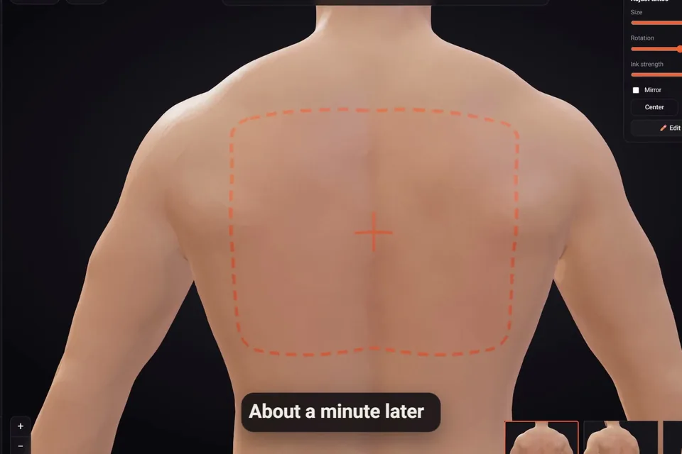 A dashed frame on the upper back of the 3D figure, marking where a tattoo you designed will land, about a minute after sending