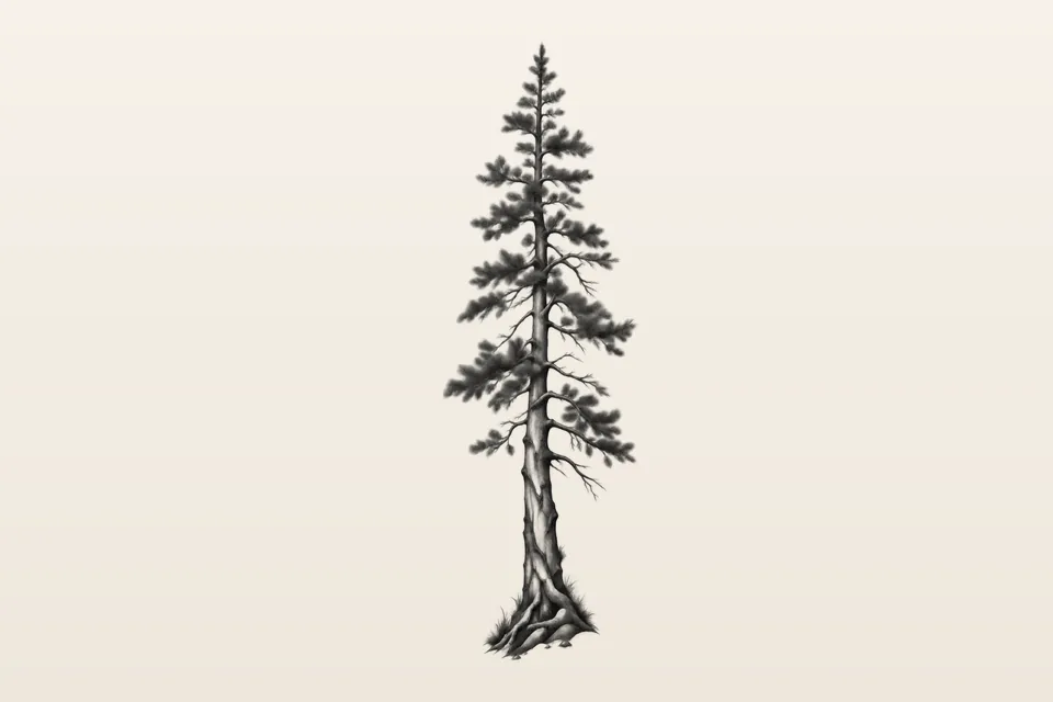 A fine line tattoo design of a tall pine tree with soft grey shading