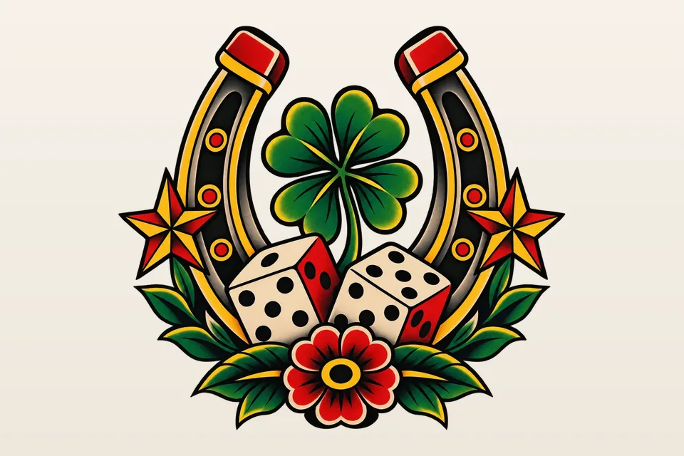 A classic flash tattoo design: a horseshoe with stars, a four-leaf clover, two dice and a red flower