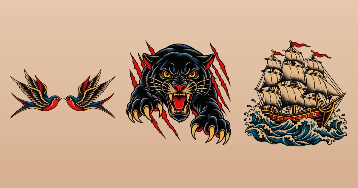 Three flash tattoo designs in American traditional style: two swallows facing each other, a panther head with red claw scratches and a sailing ship on rough seas