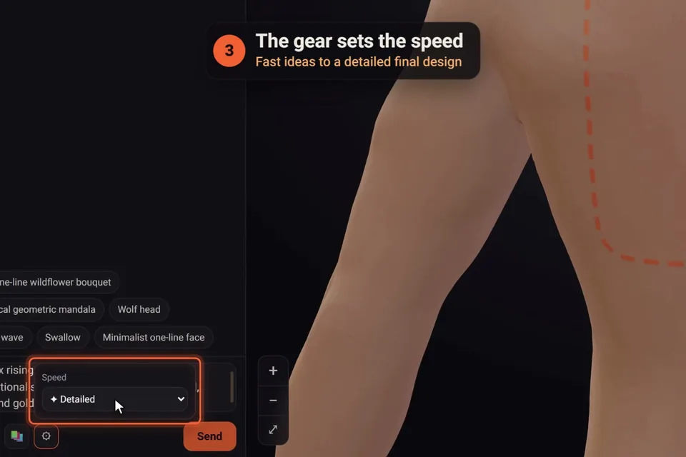 The speed setting in the click2ink chat set to Detailed, next to the Send button, with a frame waiting on the figure's back
