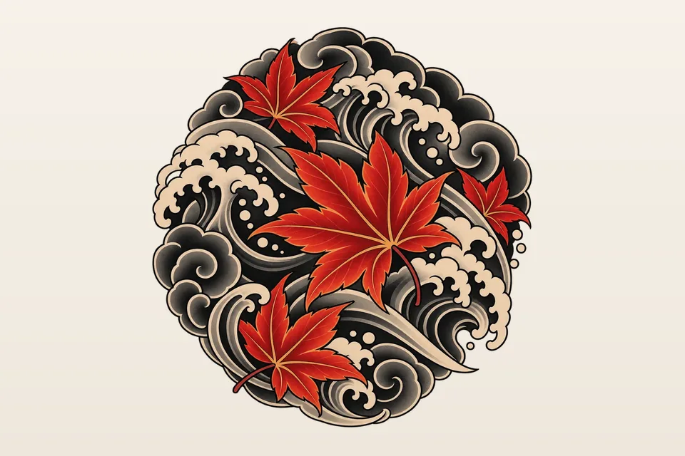 A round Japanese tattoo design of red maple leaves drifting over black and grey waves
