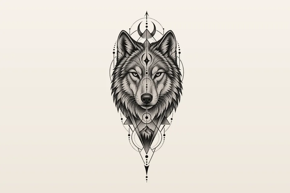 A geometric tattoo design of a wolf head framed by a crescent moon, dotted lines and triangles