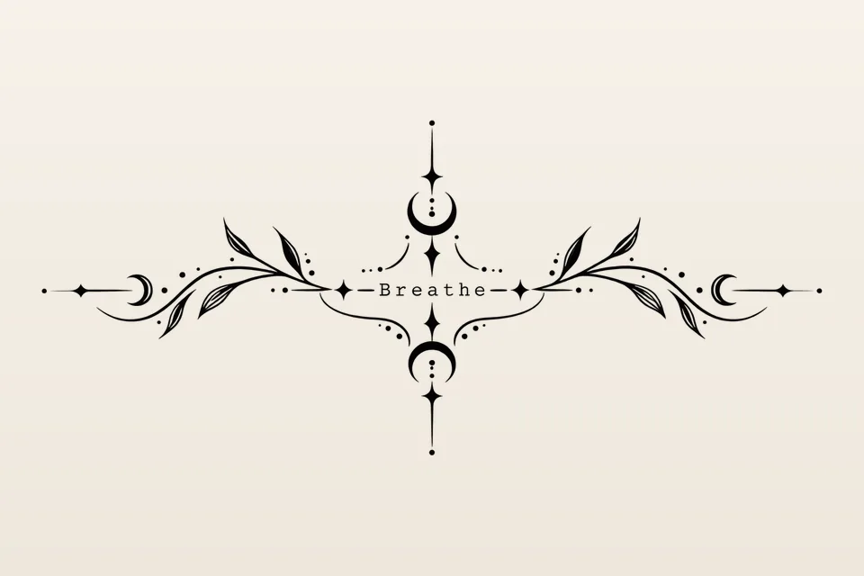 A meaningful one-word tattoo design: Breathe in a thin typewriter font, framed by fine leaves, crescent moons and stars