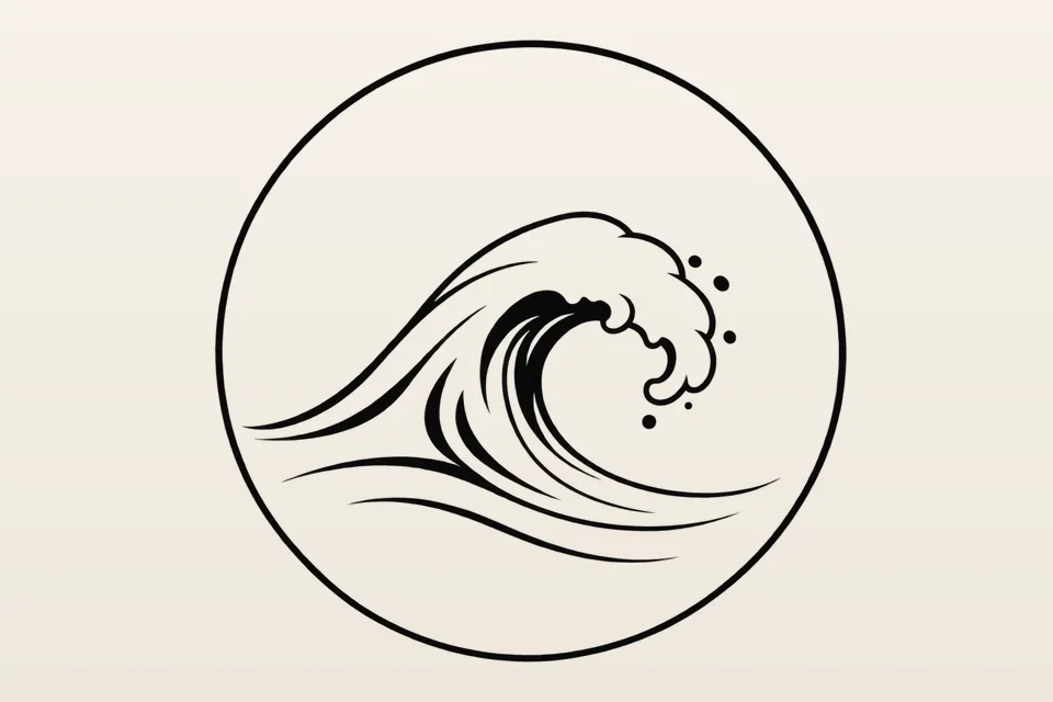 A minimalist tattoo design: a curling wave inside a thin circle