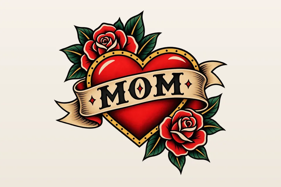 A traditional name tattoo design: MOM on a cream banner across a red heart with two roses