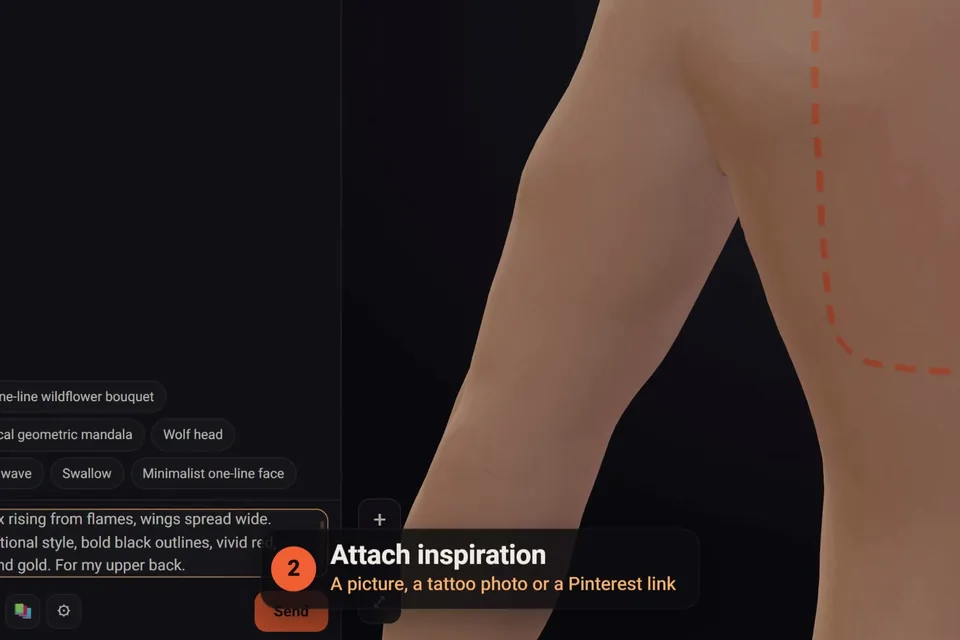 Attaching an inspiration picture, a photo of a tattoo or a Pinterest link in the click2ink chat, next to the 3D figure