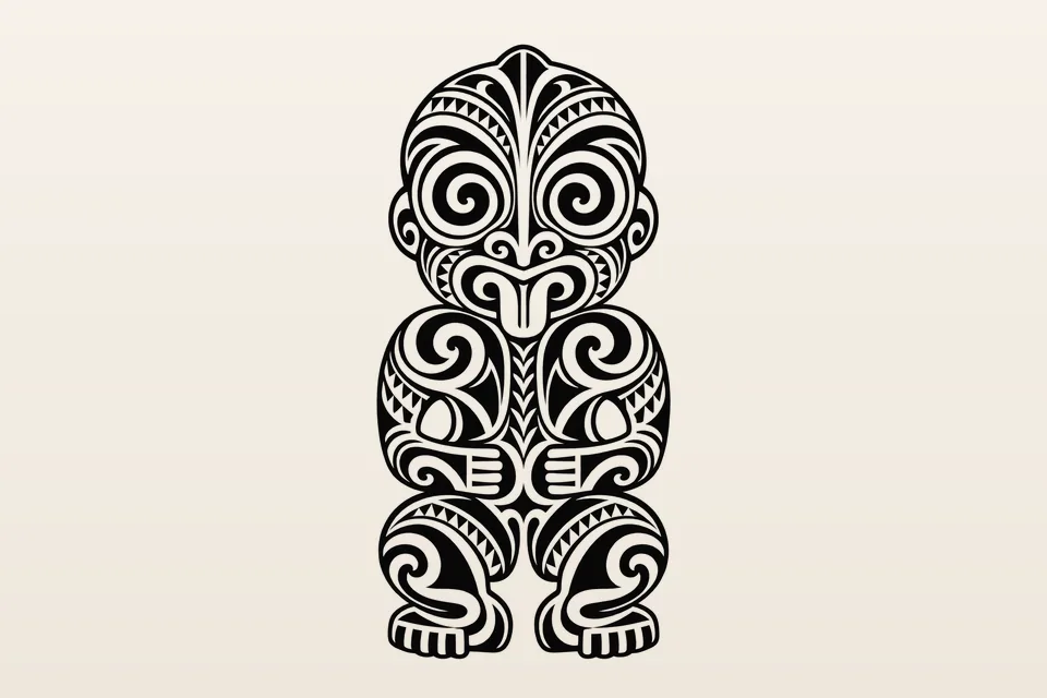A Māori-inspired design of a hei-tiki figure drawn in black spirals and notched bands