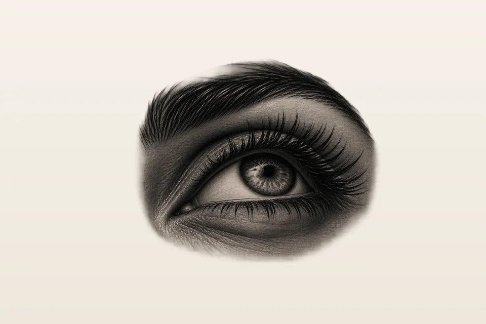 A black and grey realism tattoo design of a single eye with fine lashes and soft shading
