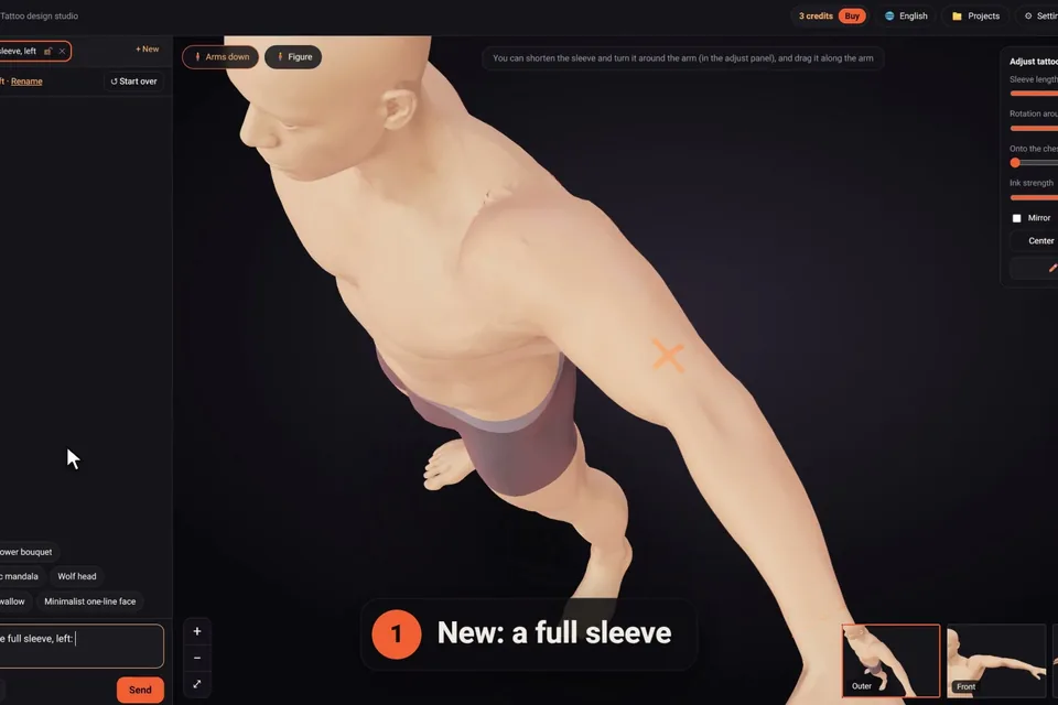 Starting a new full sleeve on the left arm of the 3D figure in click2ink, with the request typed in the chat