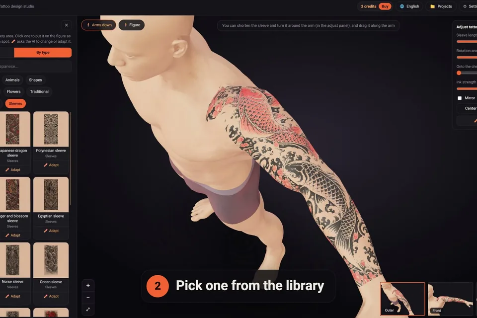 Picking one of the ready-made sleeve tattoos from the click2ink library, with a koi sleeve on the 3D figure's arm