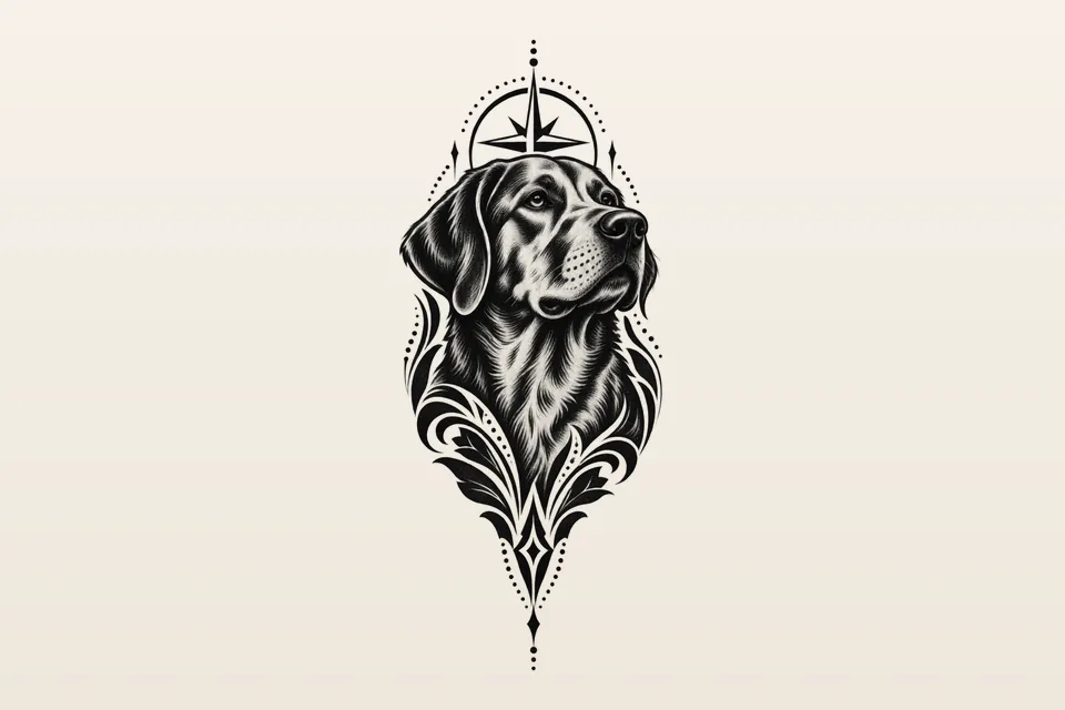 A dense blackwork dog portrait in an ornamental frame, the kind of tattoo cover up design with plenty of dark areas