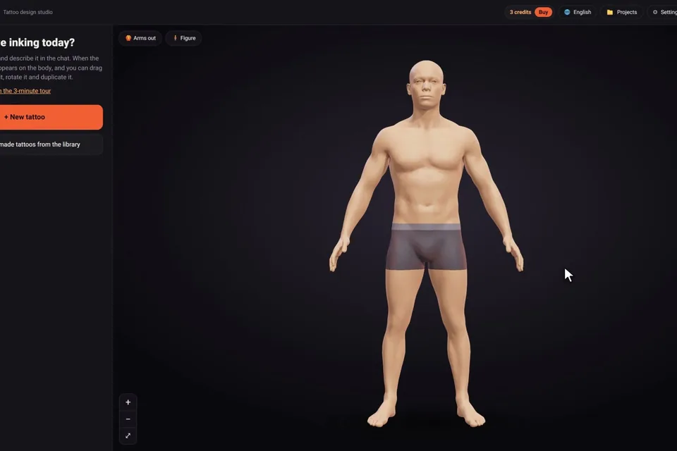 The click2ink welcome screen in the browser, with the 3D figure and the + New tattoo button, no tattoo design app to install