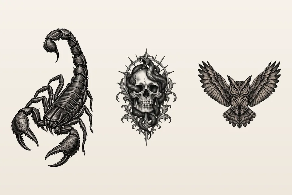 Three illustrative etching tattoo designs: a scorpion, a skull wrapped in a snake inside a spiked frame, and an owl with spread wings