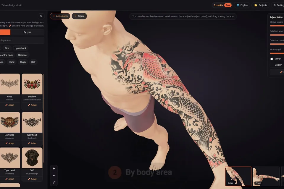 Browsing tattoo designs by body area in the click2ink library, with a Japanese koi sleeve on the 3D figure's arm