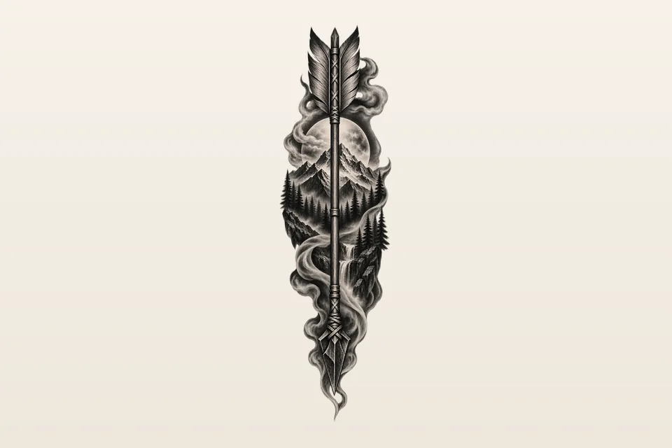 A forearm tattoo design: a tall black and grey realism arrow framing mountains, pine trees, a moon and a waterfall