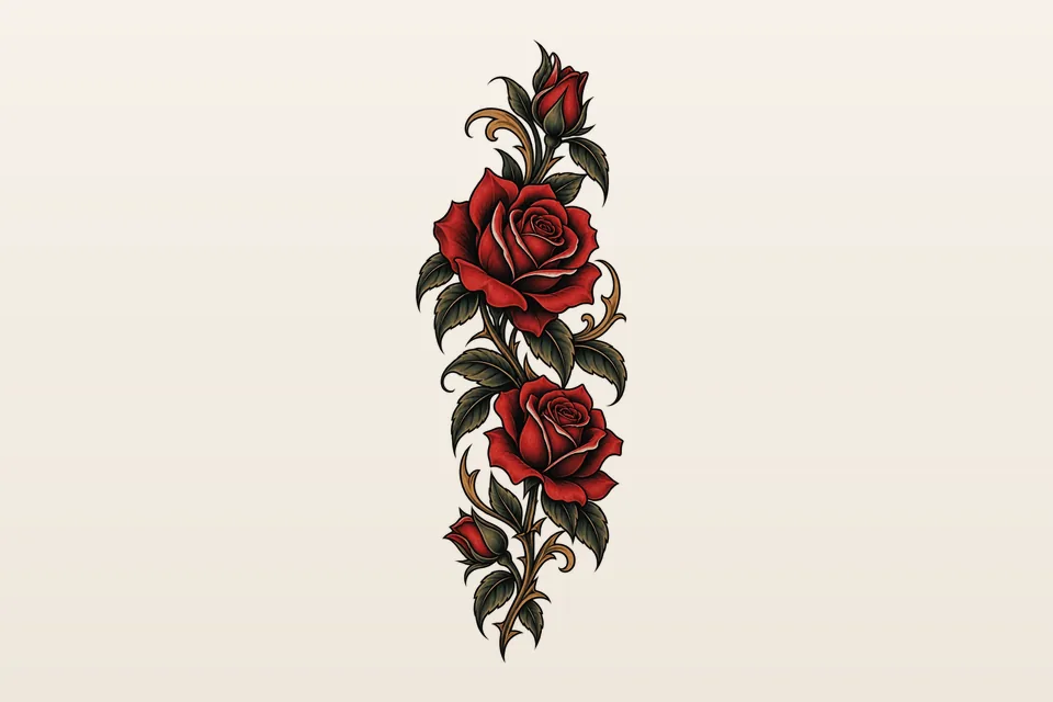 A design for the ribs: two red neo-traditional roses and buds climbing a thorny stem