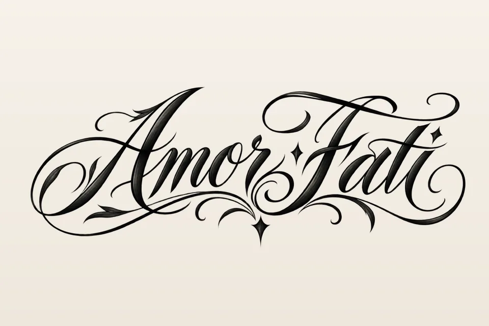 Amor Fati in elegant formal script with flourishes and small star accents, a lettering tattoo design from the click2ink library