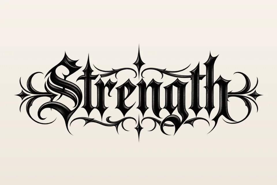 The word Strength in bold blackletter with thorn-like ornaments, a lettering tattoo design from the click2ink library