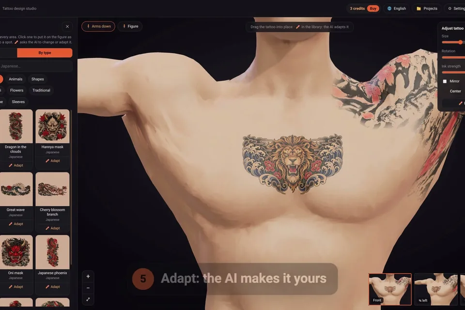 A library design adapted by the AI: a Japanese lion head among waves and red blossoms, placed on a 3D figure's chest