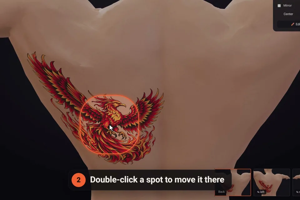 Double-clicking a spot on the 3D figure's back to change the phoenix tattoo's placement