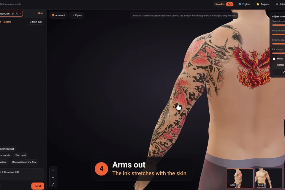 A Japanese koi sleeve and a phoenix chest piece on the 3D figure with its arms out, showing how two tattoo placements meet