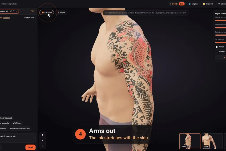 A koi sleeve wrapping around the arm of the 3D figure in the tattoo simulator, with the arms out to show the side of the chest