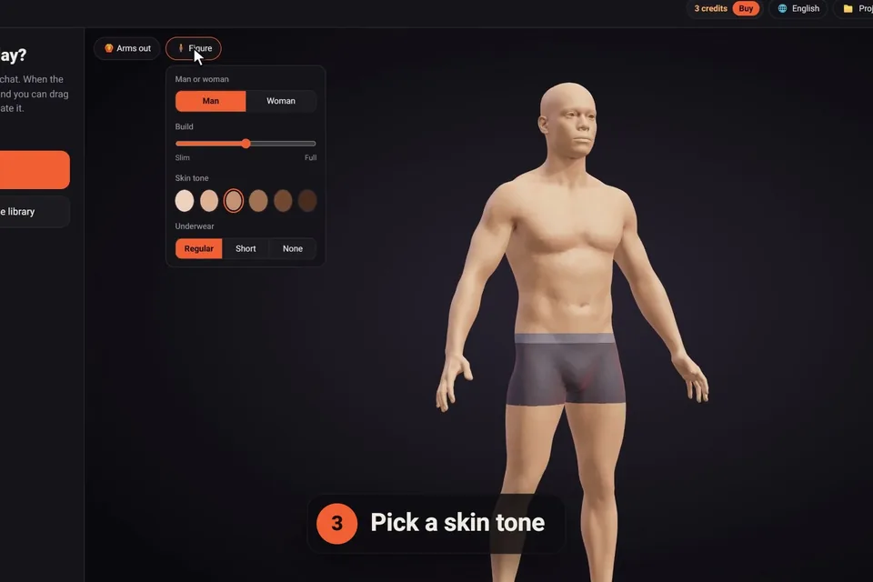 Picking one of six skin tones for the 3D figure in the click2ink tattoo simulator
