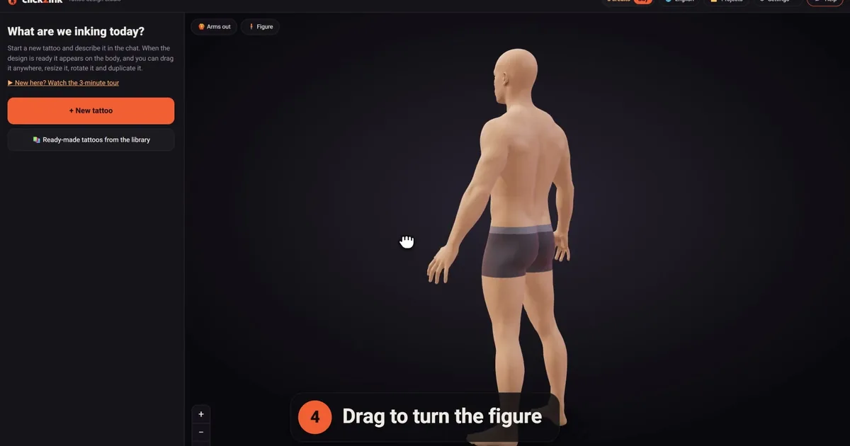 Dragging to turn the 3D figure in the click2ink tattoo simulator, seen from behind