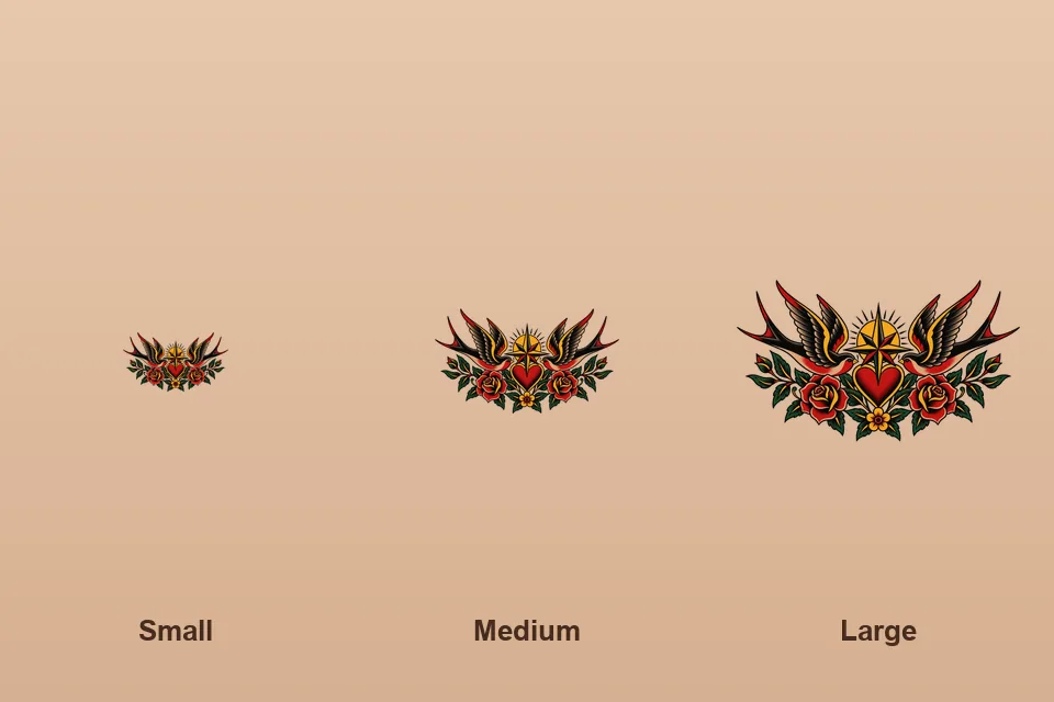 The same American traditional swallow design at three tattoo sizes: small, medium and large