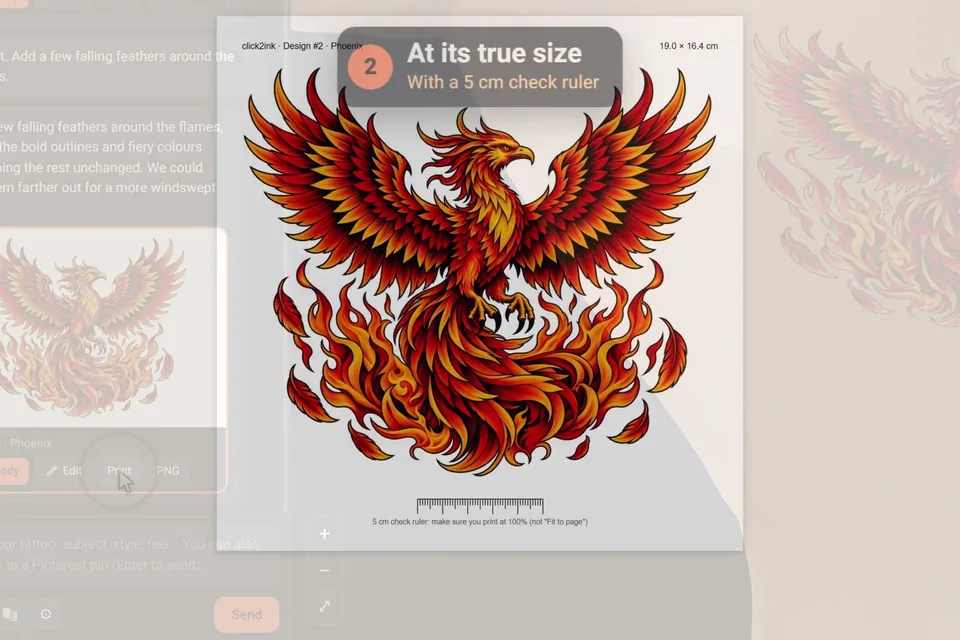 The click2ink print page opening with a phoenix design at its true size of 19 by 16.4 cm and a 5 cm check ruler for printing a tattoo stencil