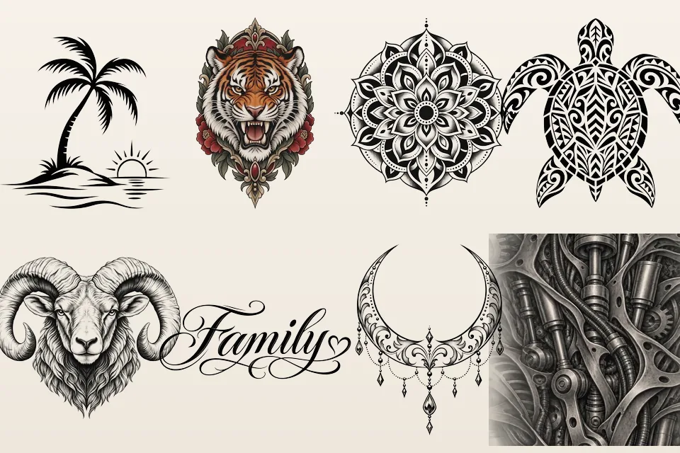 Eight more tattoo styles: a minimalist palm tree, a neo-traditional tiger, a dotwork mandala, a Polynesian turtle, an etched ram, Family in script, an ornamental crescent moon and a biomechanical panel