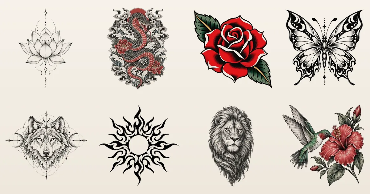 Eight tattoo styles side by side: a fine line lotus, a Japanese snake with peonies and waves, an American traditional rose, a blackwork butterfly, a geometric wolf, a tribal sun, a black and grey lion and a color realism hummingbird