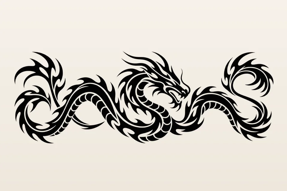A long neo-tribal tattoo design of a dragon whose body curls into sharp black points
