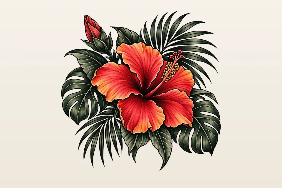 An outlined soft color design of a red and orange hibiscus with dark tropical leaves