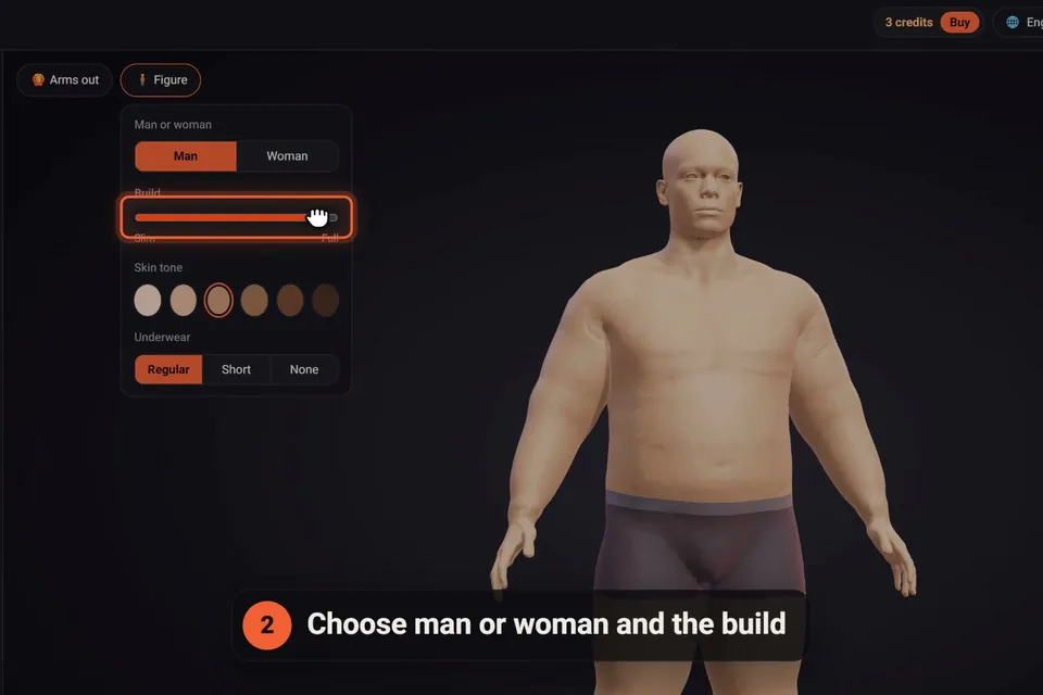 Choosing a man or a woman and the build of the 3D figure in click2ink