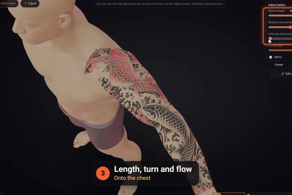 Setting a sleeve's length, turn and flow onto the chest in the click2ink adjust panel