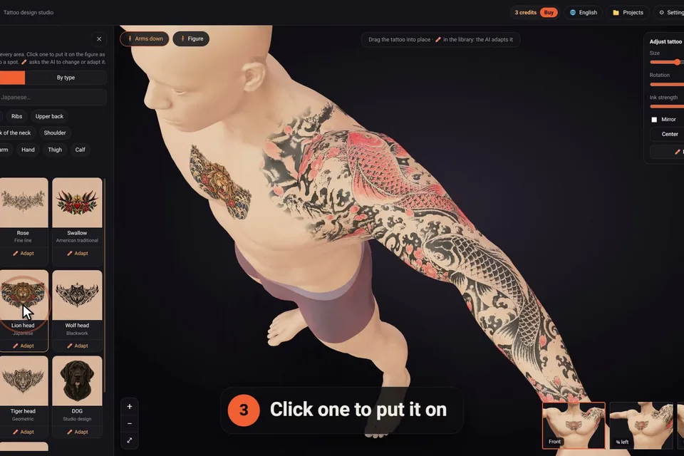 The click2ink tattoo library next to the 3D figure, with a sleeve on the arm