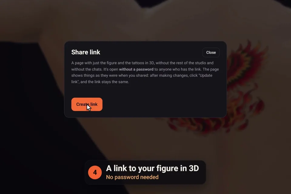 The click2ink share link dialog: a link to the figure and its tattoos in 3D