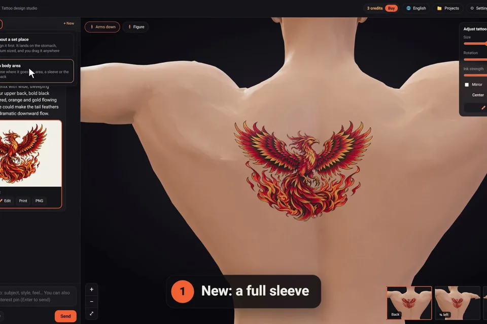 A new full sleeve tattoo on the 3D figure's arm in click2ink