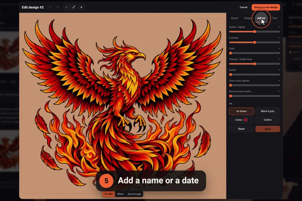 The click2ink design editor adding a name or a date to a phoenix design