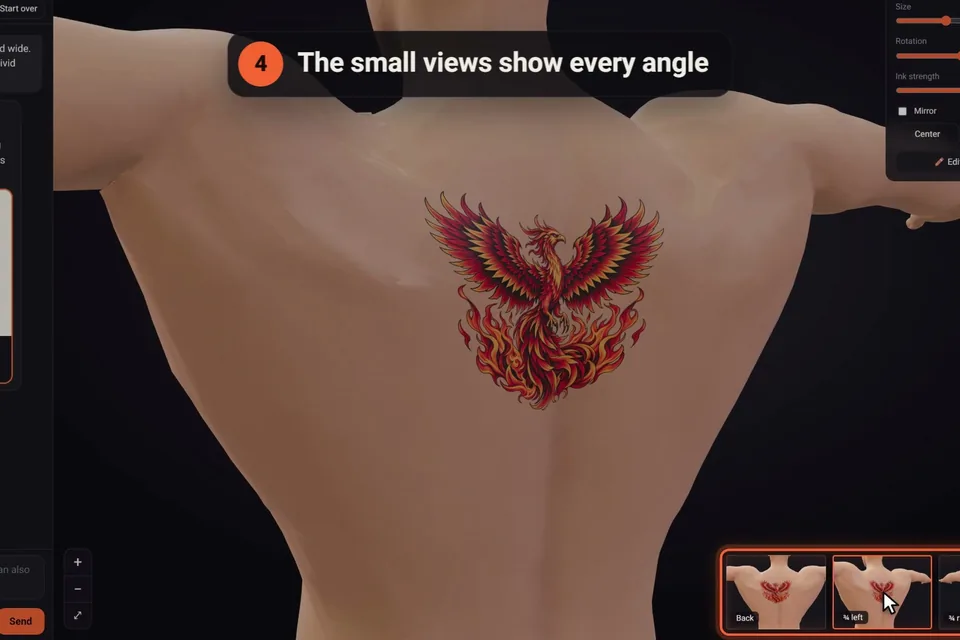 The small views in click2ink showing a back tattoo from every angle with the arms out