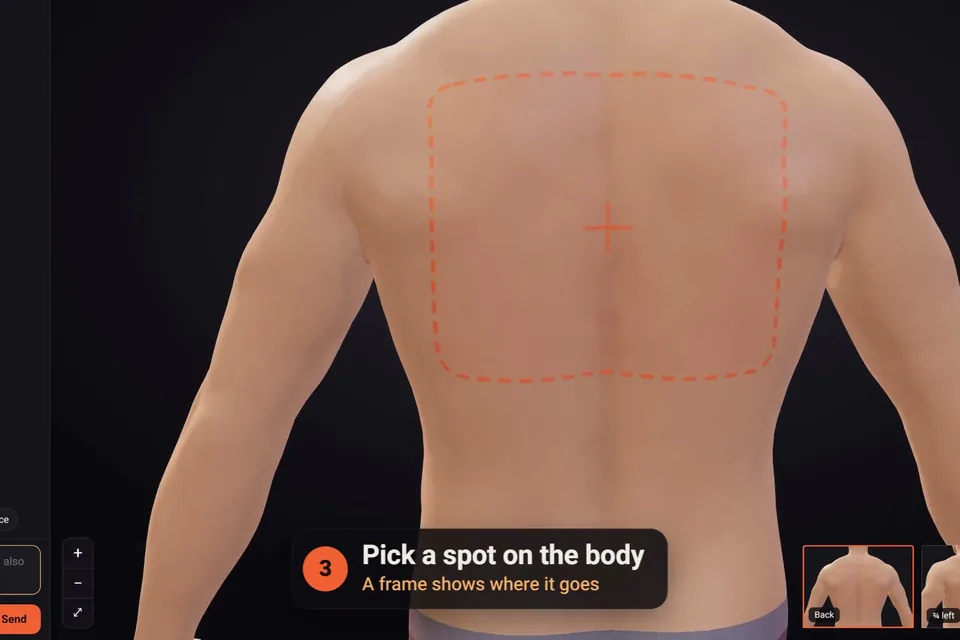 A frame on the 3D figure's upper back showing where the tattoo will go