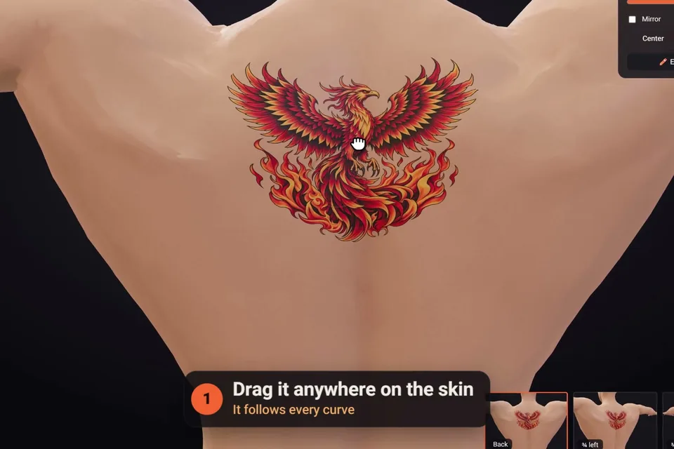 Dragging the tattoo to another spot on the 3D figure's back